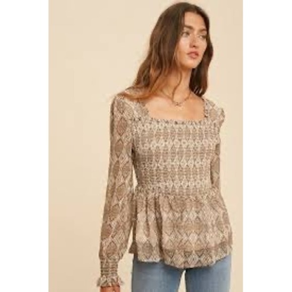 in loom Tops - Women's Loom Smocked Peplum Blouse‎ Boho Romantic Long Sleeve Size S New